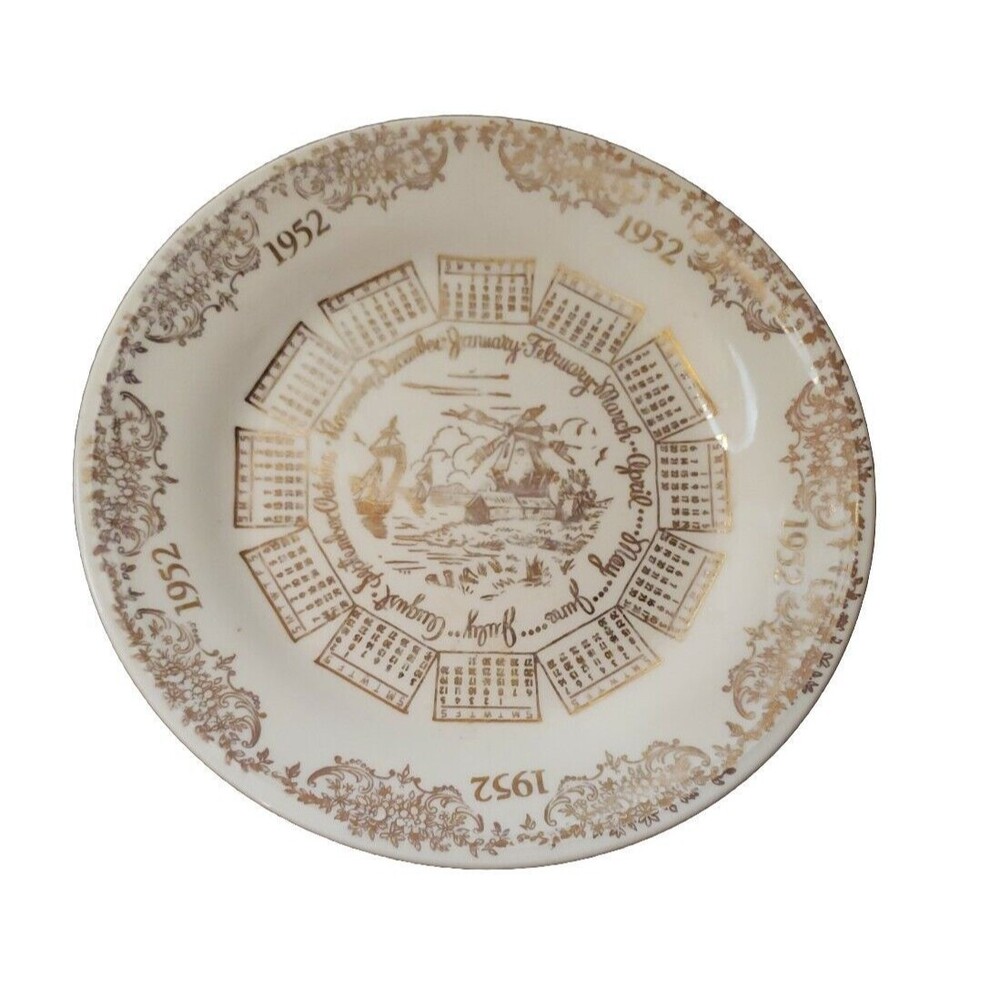 Vintage 1952 Calendar Plate 10" Collectible Birthday Anniversary Gold Decorative
